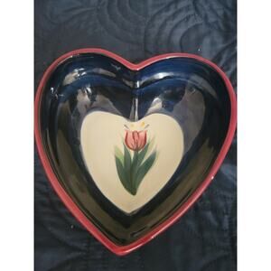 Heart Shape Bowl by P Silkotch Hand Painted Royal Blue Pink Tulip 1992 Signed